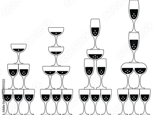 A pyramid of champagne glasses filled with bubbling liquid in varying sizes.
