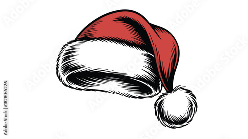 A festive Santa hat with a red top and white trim rests against a white background.