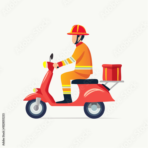 A delivery person in orange uniform and helmet riding a red scooter with a red box on the back.