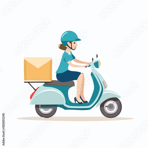 Woman on scooter delivering a package. She is wearing a helmet and heels.