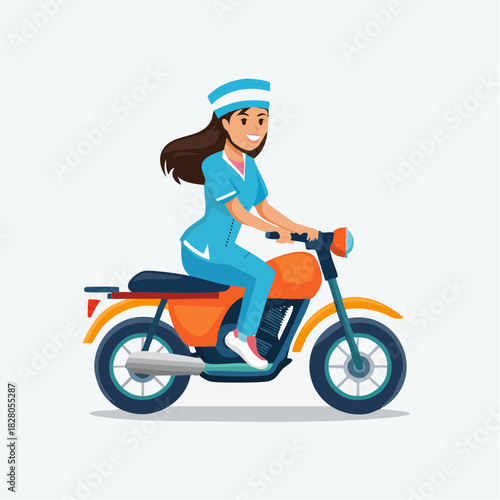 A smiling female nurse wearing a uniform and cap rides an orange motorcycle.