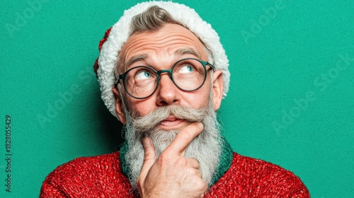 Thoughtful Senior Man in Santa Hat with Colorful Background