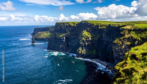 Dramatic cliffs meet the ocean under a cloudy sky, lush green grass tops the cliffs along the wavy coastline