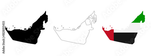 United Arab Emirates map. Country silhouette with solid, dashed and colored UAE flag map vector illustration. National shape and border sign. Arabian Gulf location symbol. Middle East pictogram.
