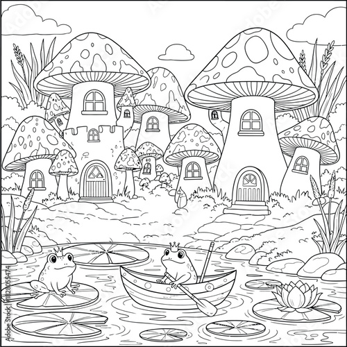 Magical Mushroom Town by the Pond coloring page
