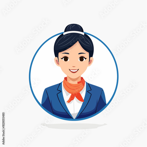 Welcoming Asian female flight attendant portrait with blue uniform and orange scarf, in bright studio.