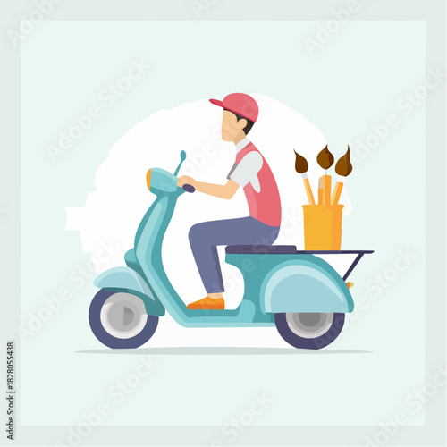 Delivery man riding a scooter with baguettes and chocolate pastries in a container on the back.