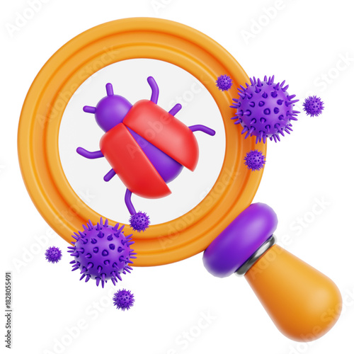 A 3D magnifying glass icon scrutinizing a computer bug and viral threats, representing cybersecurity analysis, firewall scanning, and malware detection