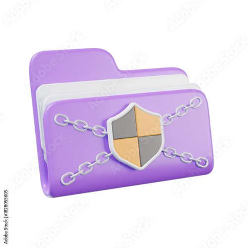 Digital Security Concept 3D Rendered Folder Secured with Shield and Chain, Protecting Data