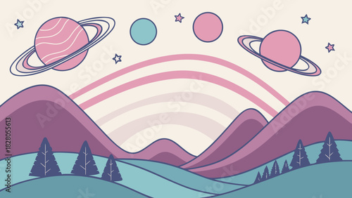 A whimsical landscape featuring rolling hills, stylized trees, and celestial bodies, creating a dreamy and imaginative scene with a pastel color palette