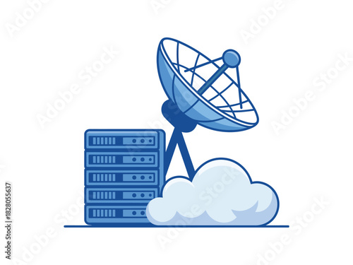 A satellite dish receives data from the cloud, connecting to a server rack.