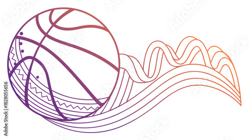A vibrant basketball illustration featuring intricate line work and a dynamic wave design, , creating a sporty and artistic feel