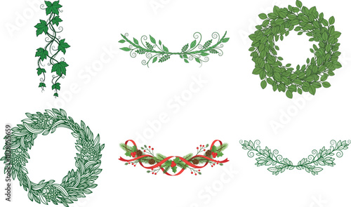Collection of green leaf wreaths and garlands isolated on transparent background, perfect for festive decorations