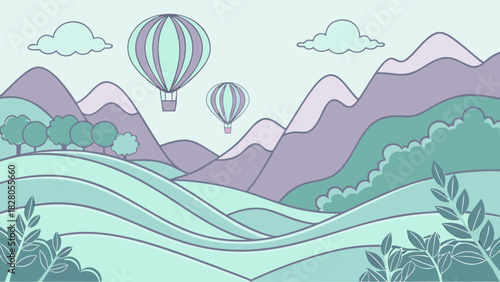 A serene landscape illustration featuring rolling hills, majestic mountains, and hot air balloons floating in a pastelcolored sky with fluffy clouds