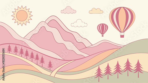 A serene landscape featuring rolling hills, hot air balloons, and a radiant sun, creating a peaceful and whimsical atmosphere in pastel shades