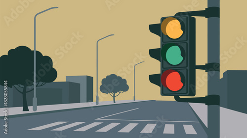 traffic light illustration showing red and yellow lights on a city street, vector design for transportation safety, urban planning, traffic management, and city infrastructure projects.
