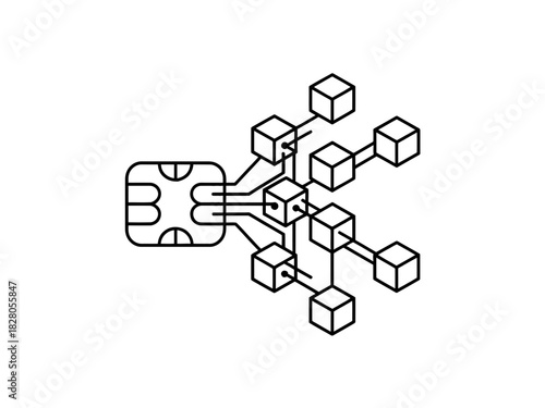 Abstract representation of a SIM card connected to a network of cubes.
