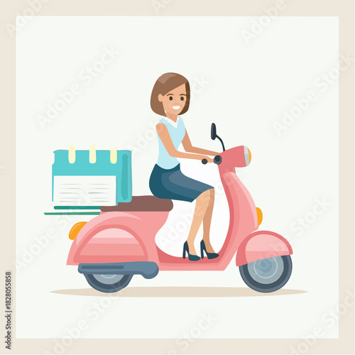 Happy woman riding a pink scooter with a delivery box, providing fast and convenient service on an isolated white background.