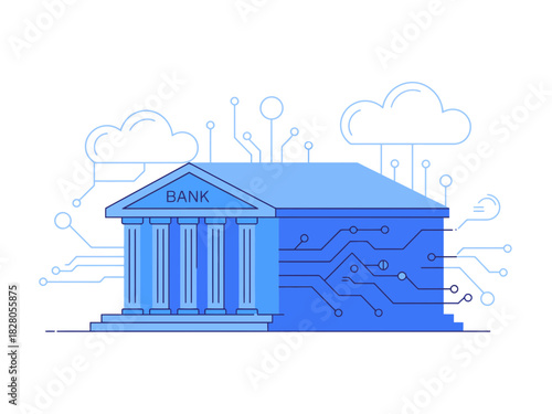A bank building is represented with digital circuit patterns and cloud icons.