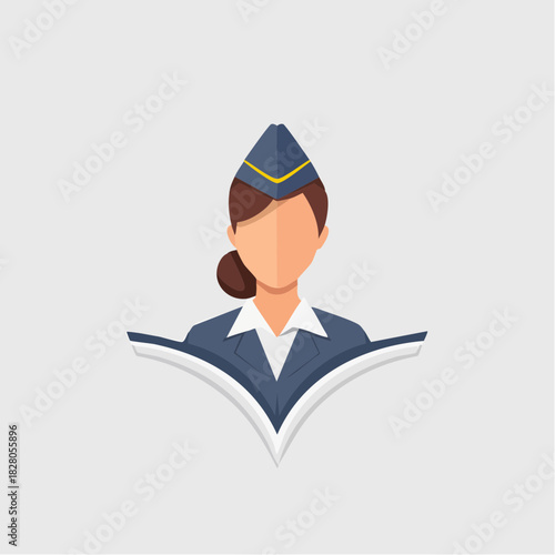 A stylized illustration of a female flight attendant in uniform, facing forward.