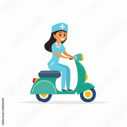 A smiling nurse in uniform rides a teal scooter, heading somewhere.