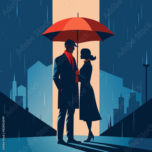 Couple sharing umbrella in rainy cityscape with dramatic lighting