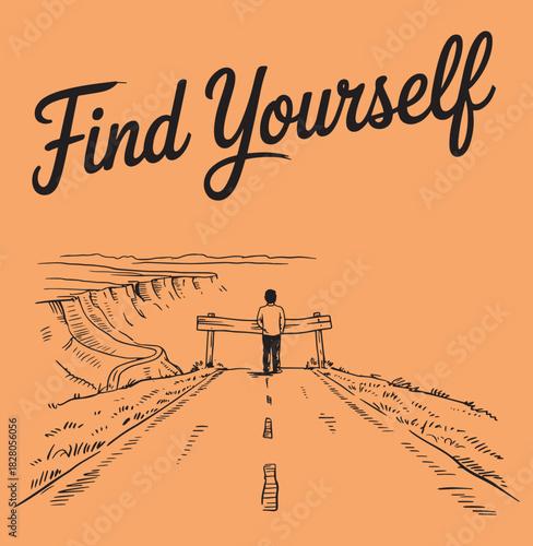 Find yourself vector illustration of person standing on road blocked by wooden barrier and cliff edges