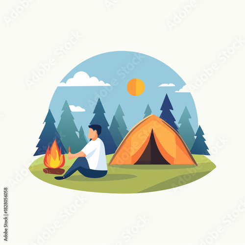 A person sits by a campfire near a tent in a forest setting, enjoying the outdoors.