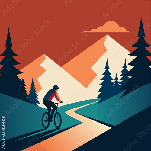 Cyclist rides a winding path through a stylized mountain landscape at sunset