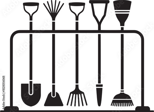 Garden implements hanging on storage rack collection icon set for backyard maintenance tools