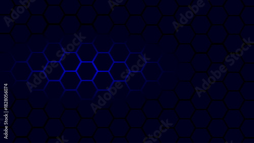 Futuristic Hexagon Tech Background with Dark Metallic Grid and Neon Blue Glowing Cells – Modern Cyber Technology Pattern for Digital Interfaces, Gaming, Sci-Fi Design and High-Tech Branding