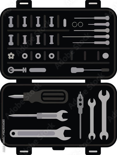 Mechanic toolkit vector illustration with various instruments in open black case repair service equipment