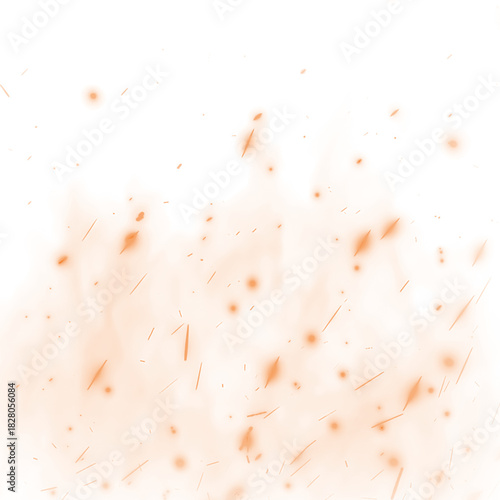A flurry of warm orange particles and embers floating upwards, isolated on transparent background, creating a dynamic effect