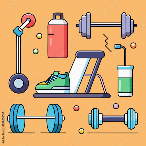 Fitness equipment collection with dumbbells shoe water bottle and bench