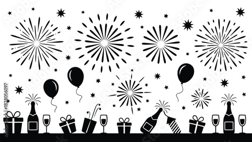 Festive celebration with fireworks champagne and gifts
