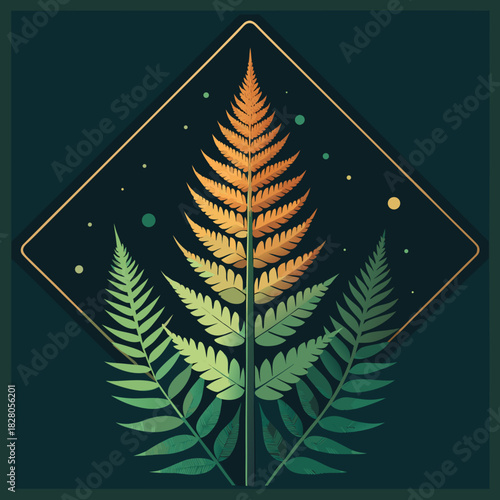 Elegant fern fronds displayed in a golden diamond frame with subtle dots