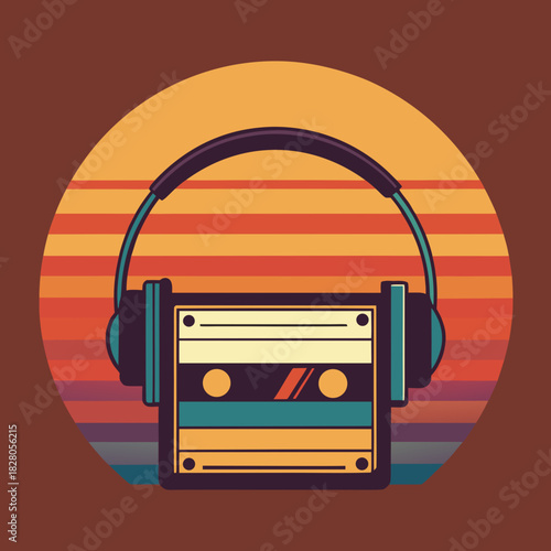 Retro cassette tape with headphones against a sunset horizon