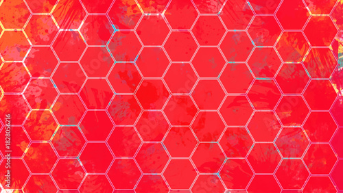 Vibrant Red Grunge Texture Honeycomb Pattern. Modern Geometric Hexagon Background with Warm Gradient Hex Cells. Bright Red Honeycomb Geometric Background. Colorful Gradient Hexagon Pattern.