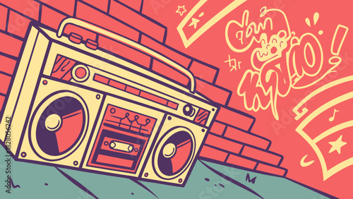 A vibrant illustration showcases a retro boombox leaning against a brick wall, surrounded by graffitistyle art, evoking a sense of urban nostalgia