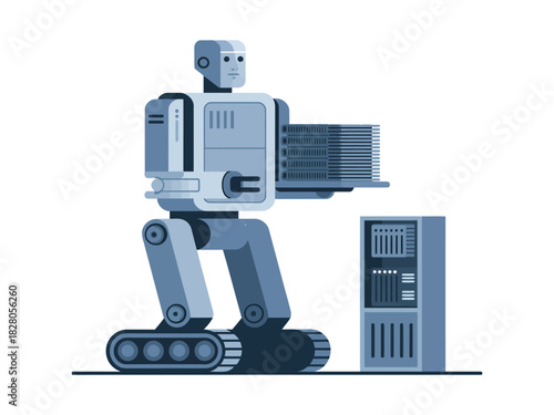 A robotic arm is installing a computer server into a rack.