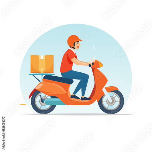 Delivery man riding an orange scooter with a package on the back, against a light blue background.
