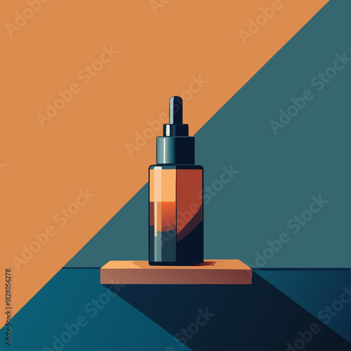 Modern dropper bottle on pedestal with geometric background