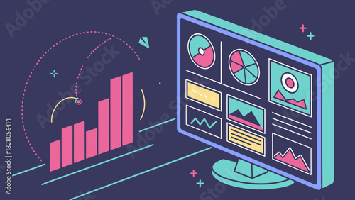 A monitor displays data visualizations, including bar graphs, pie charts, and line graphs, representing trends and insights in a modern design