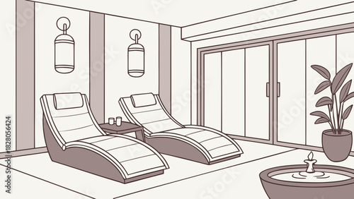 A serene spa retreat featuring two lounge chairs, a small table, wallmounted lamps, sliding doors, a potted plant, and a decorative fountain indoors