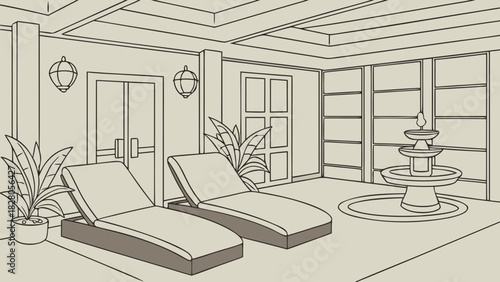 A serene spa retreat featuring two lounge chairs, lush plants, and a tranquil fountain, creating a relaxing atmosphere for rejuvenation and wellness