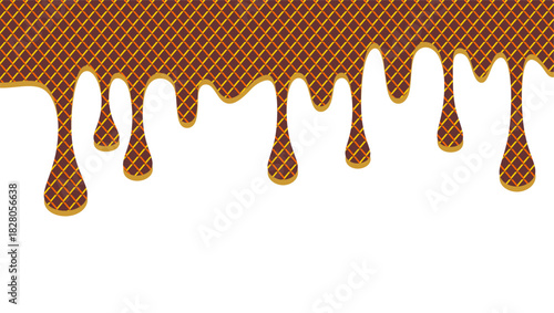 Chocolate waffle drip illustration. Melting chocolate waffle on white background. Drippy ice cream waffle vector design. Choco waffle melt border. Brown chocolate drips illustration.