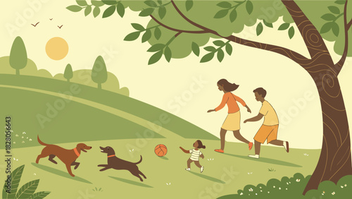 A family enjoys a sunny day in the park, running and playing with their two dogs as a child chases a ball, all under the shade of a large tree