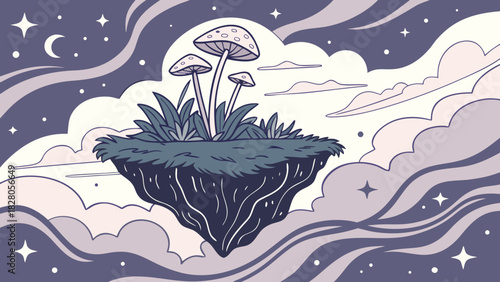A whimsical floating island with mushrooms and grass, surrounded by swirling clouds, stars, and a crescent moon in a dreamy, stylized illustration