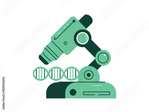 A robotic arm holds a DNA strand under a microscope.