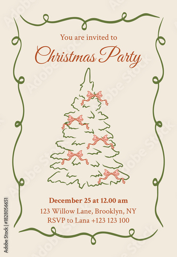 Retro Christmas party invitation template. Vintage vector card with a Christmas tree and ribbon bows in doodle style.